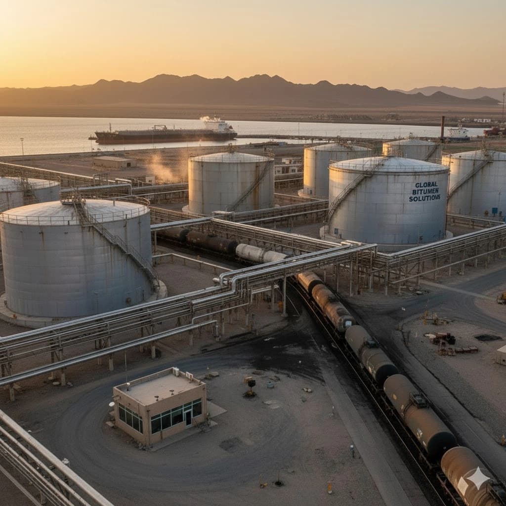Modern asphalt terminal facility with storage tanks